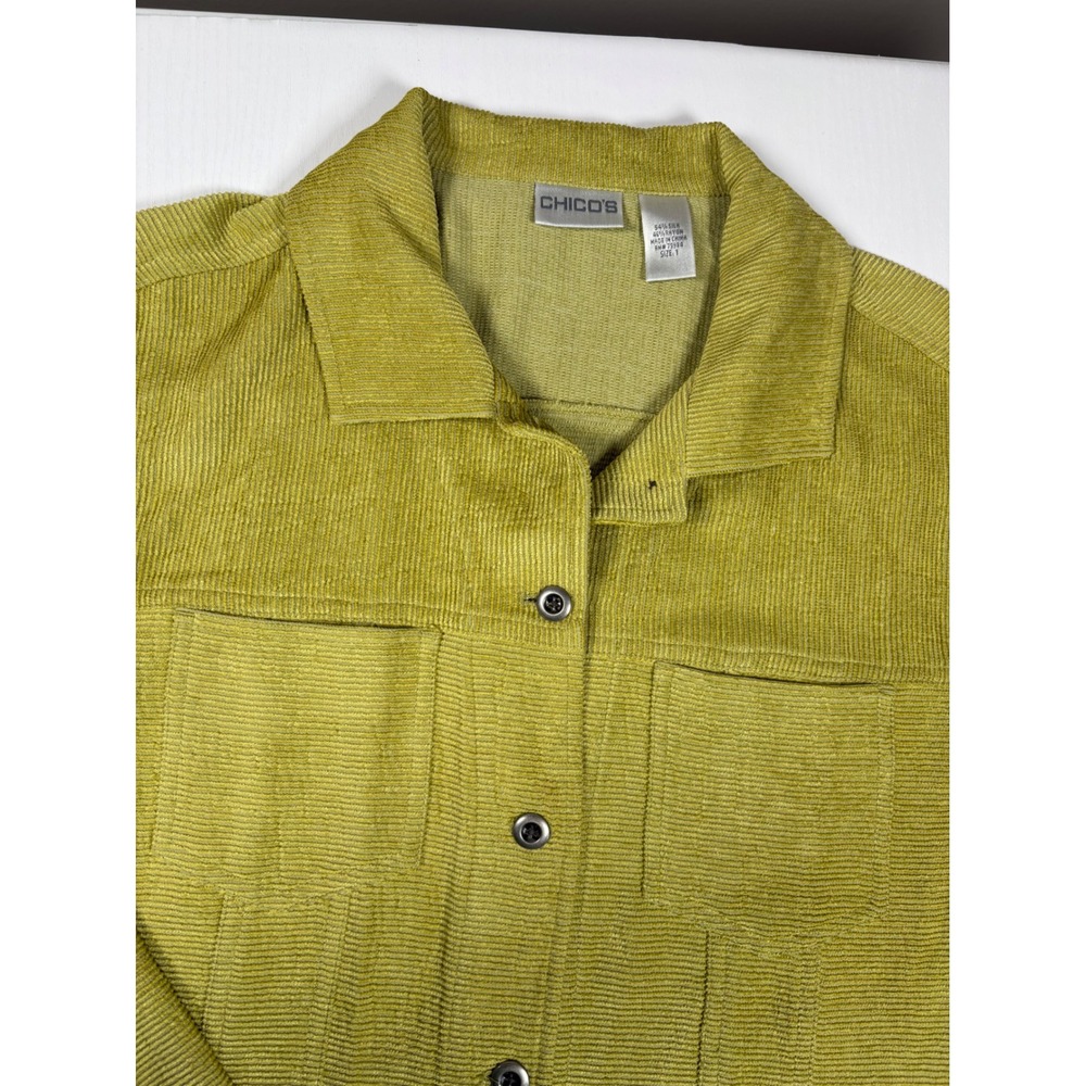 Chicos Womens Silk Blend Ribbed Button Down Shirt Jacket Size 1 Chartreuse Green - Picture 6 of 11